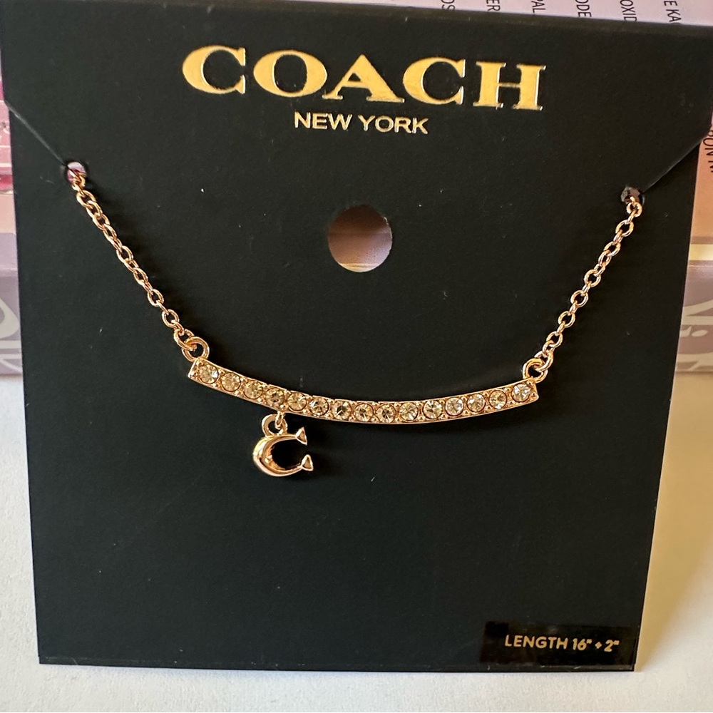 Coach Signature Pave‎ Bar Necklace in rose gold tone NWT